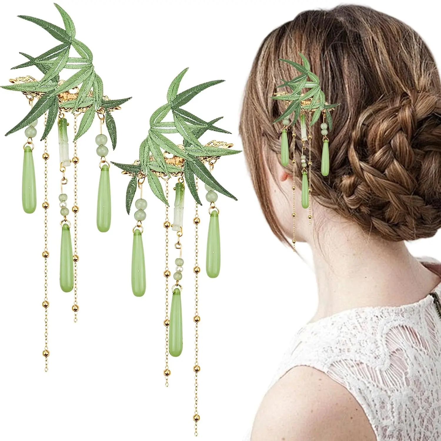 2PCS Bamboo Leaves Tassels Hairpin, Headpiece Retro Chinese Hanfu Wedding Brides Hair Clips Accessories for Women Girls