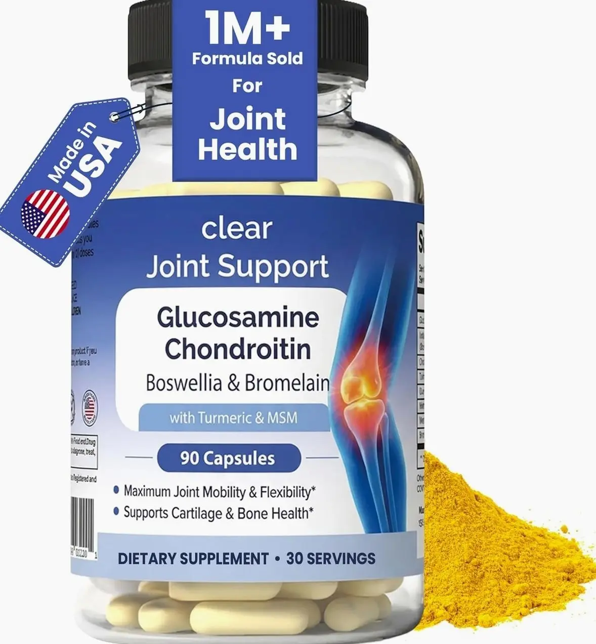 Clear Joint Support - 1500mg Glucosamine Chondroitin MSM - 8 in 1 Joint Health Supplement with Turmeric and Boswellia for Men & Women, Knee, Hip & Back Support, Made in USA, 90 Capsules