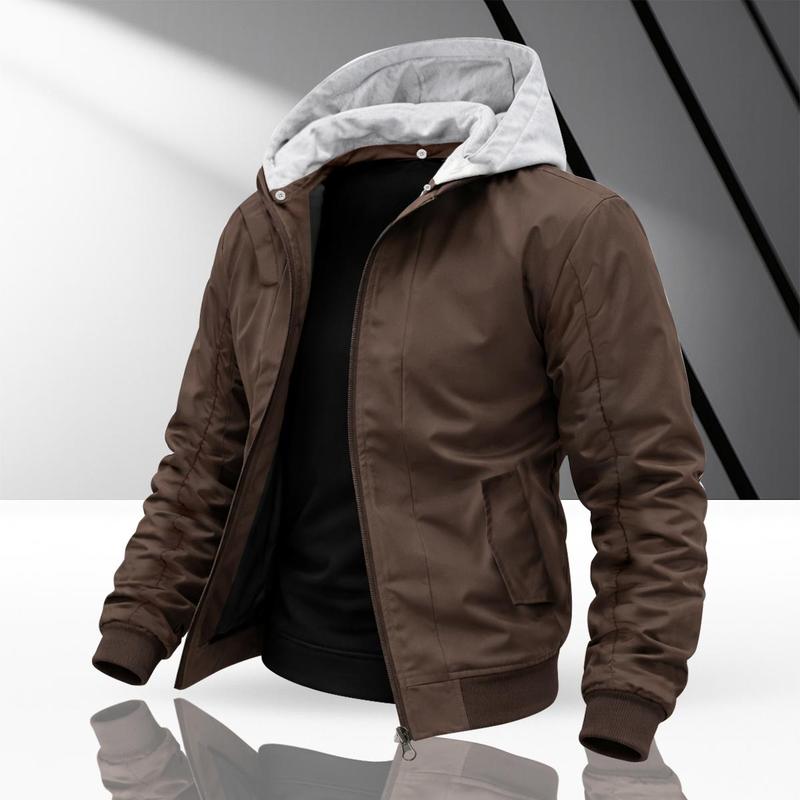 Men's Simple Contrasting Color Hooded Bomber Jacket Delicate Smooth Fabric Three Dimensional Tailoring Trendy Commuting Style Light Social Adaptation Personalized Versatile Model