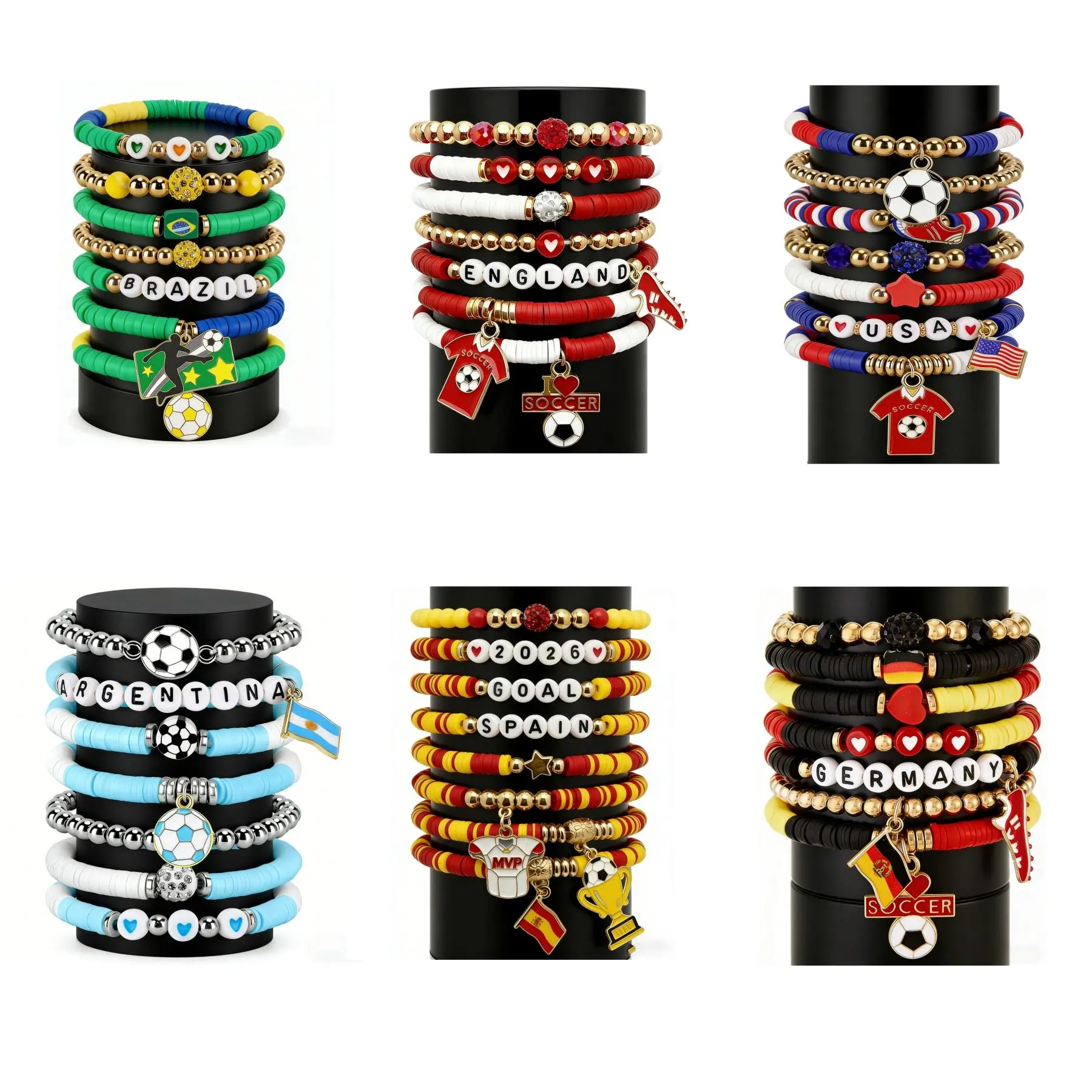 Argentina Soccer Bracelet for Fans, 7-Piece Stackable Metal Alloy Bead Set, Unisex Sports Jewelry with Letter & Soccer Charms for Game Day, Beads, Black-And-White, Diy Customizable, Game Day Gear, Modular Diy, Daily, Friends, Free Combination, Heart And R