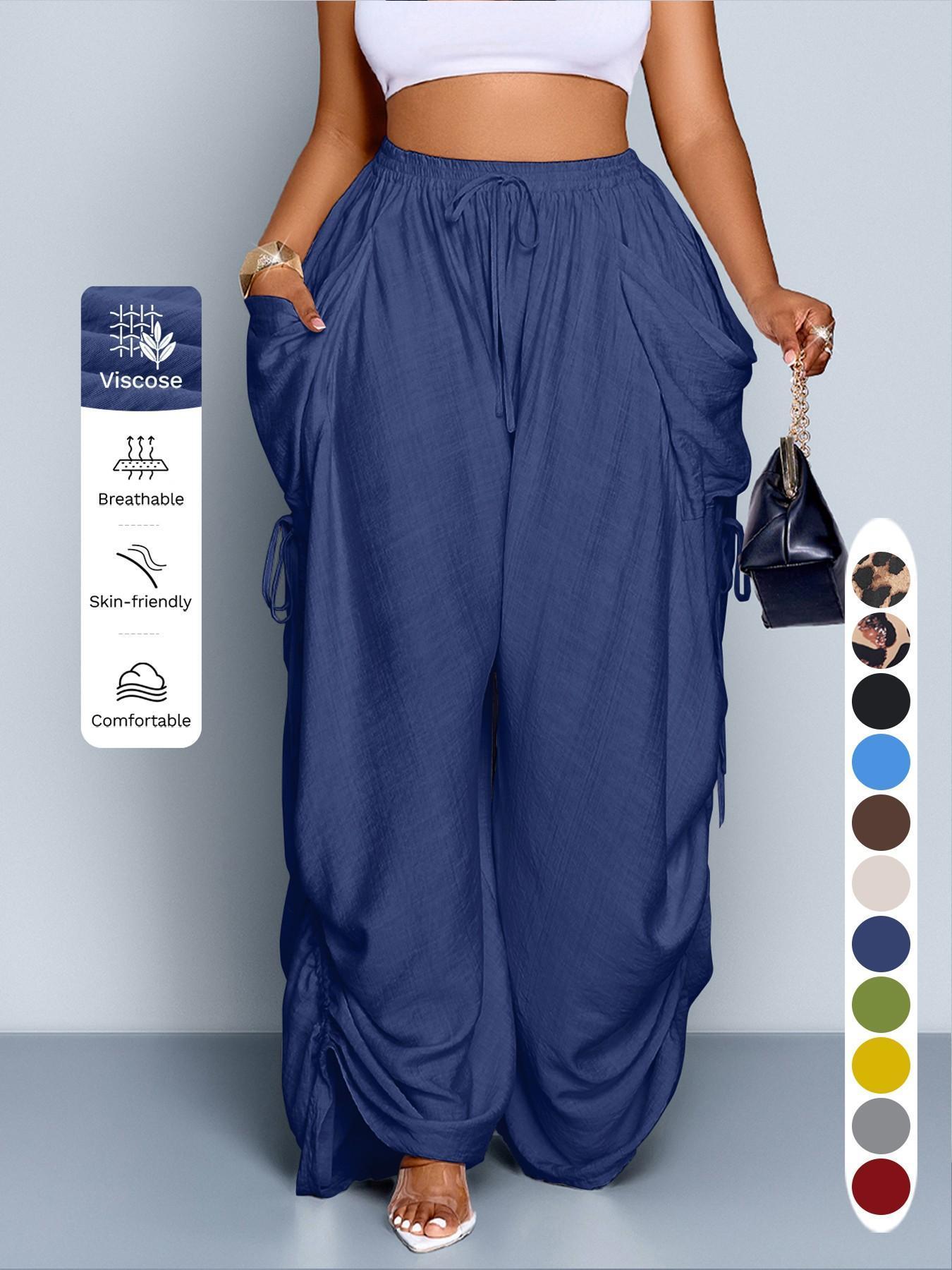 Women's Casual Loose-Fit High Waist Wide Leg Pants, All-Season Woven Fabric, Long Plain Design, Daily Commute & Vacation Wear