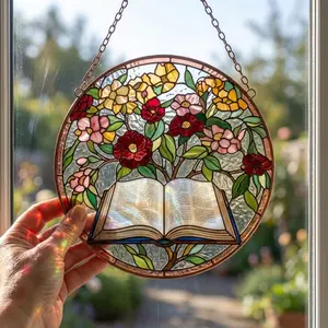Window decorations in the shape of stained glass books, colorful flowers and books, wall art featuring books, gifts for book lovers, decorations for reading corners and windows.