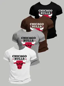 Chicago Bulls Logo Print Short Sleeve T-Shirt, Heavy Cotton, Loose Fit, Basketball Fan Summer Sports Top, Casual Long Sleeve Tee