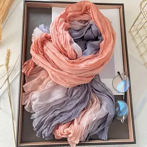 Women Korean Oversized Wrinkle Scarf Shawl Soft Gradient Ombre to Lilac Wrinkle Texture Fringe Trim Versatile Korean Style Accessory for Dresses Blouses Jeans Hand Washable