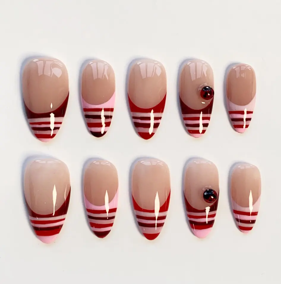 Kawaii Nails/Pink Striped French nails/Ladybug nails/Holiday nails/Green Press on nails Long almond nails/Custom Nails/Pink Nails/Cute Nails