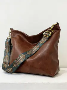 Classic Vintage Shoulder Bag, Wide Strap Artificial Leather Crossbody Bag, Casual Commute Travel Satchel, Perfect for Daily Use, PU Leather Bag