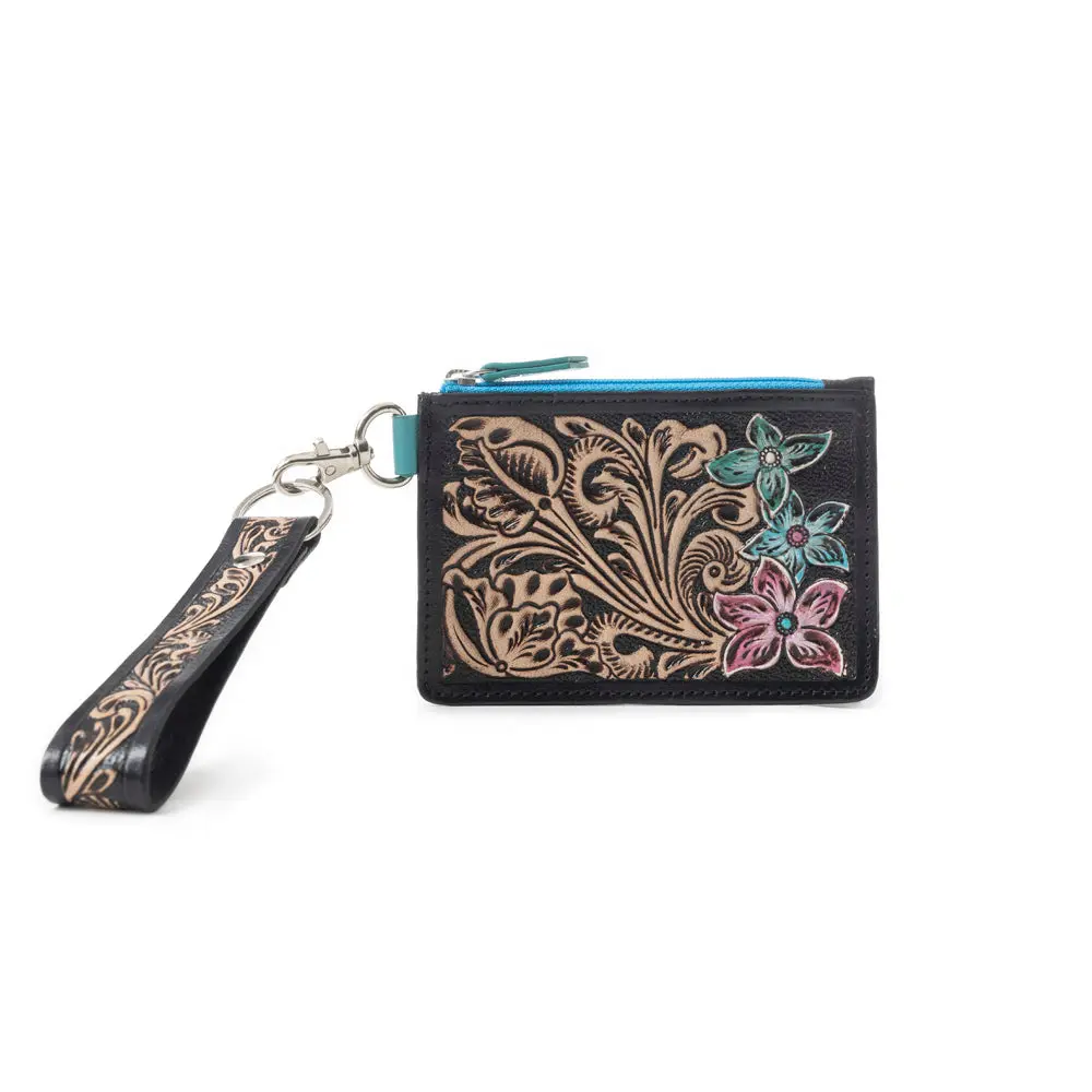 Tooled Leather Card Holder for Women with Hand-Painted Cactus Print, Slim Wallet with ID Window & Wrist Strap