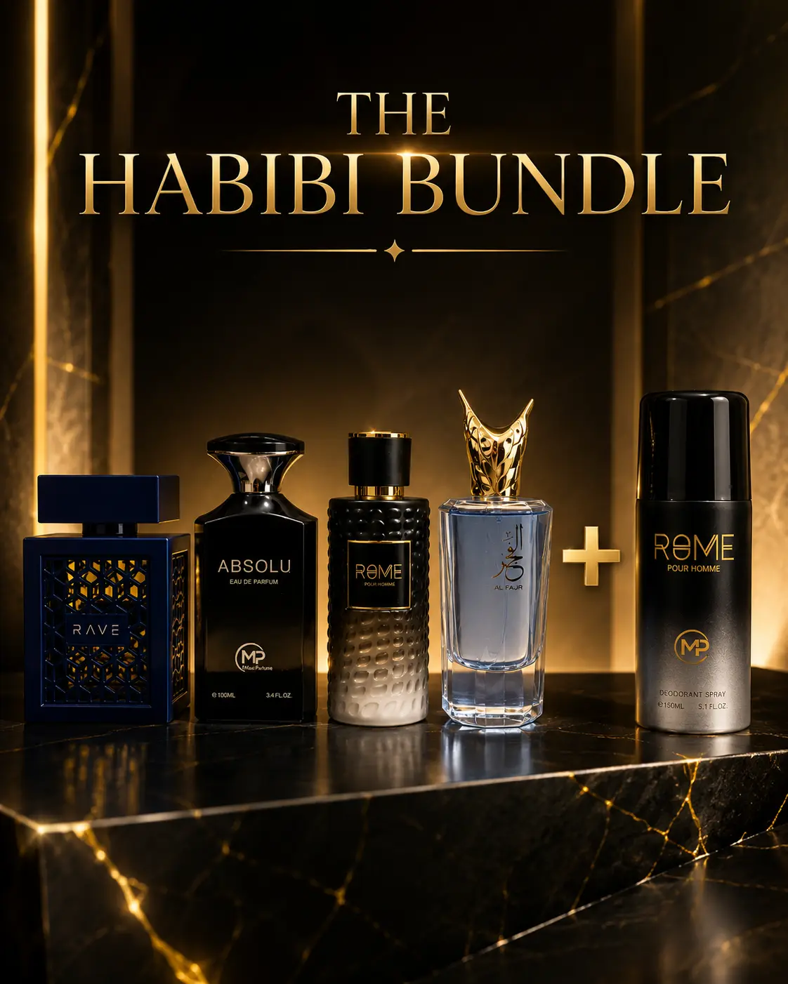 Habibi Bundle | Rave Now Intense + Mast Perfumes Absolu + Rome | Pour Homme + Zakat Al Fajr | Mens Fragrance | 100ML - 3.4 Oz | Eau De Parfum |  Pineapple-Blackcurrant, Bergamot