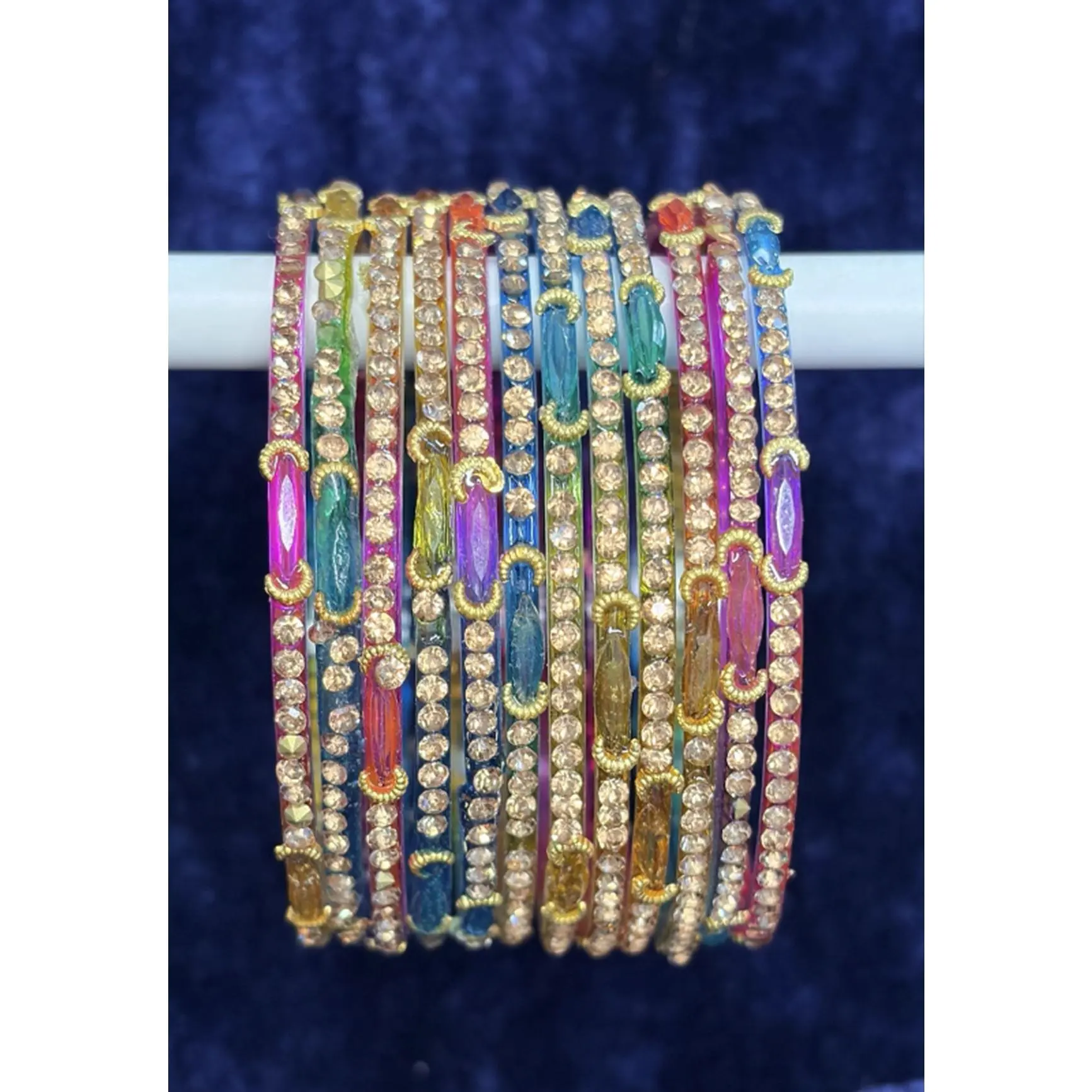12pcs Women's Multicolor Rhinestone Bangle Bracelets Gold-Tone Ornate Stackable Wrist Jewelry Faux Gem Boho Ethnic Accessories Sizes 2•2 2•4 2•6 2•8