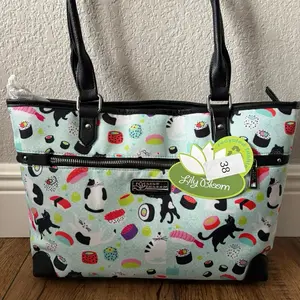 Lily Bloom Sushi & Cats Print Tote Bag with Black Handles and Zipper Closure for Everyday Use