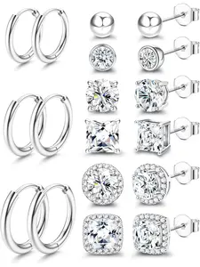 18 Pcs 925 Silver Needle Square Zirconia Earrings Female Hypoallergenic 18K Gold-plated Hoop Earrings Large Round Square Zircon Halo Earrings Earrings Sensitive Ears
