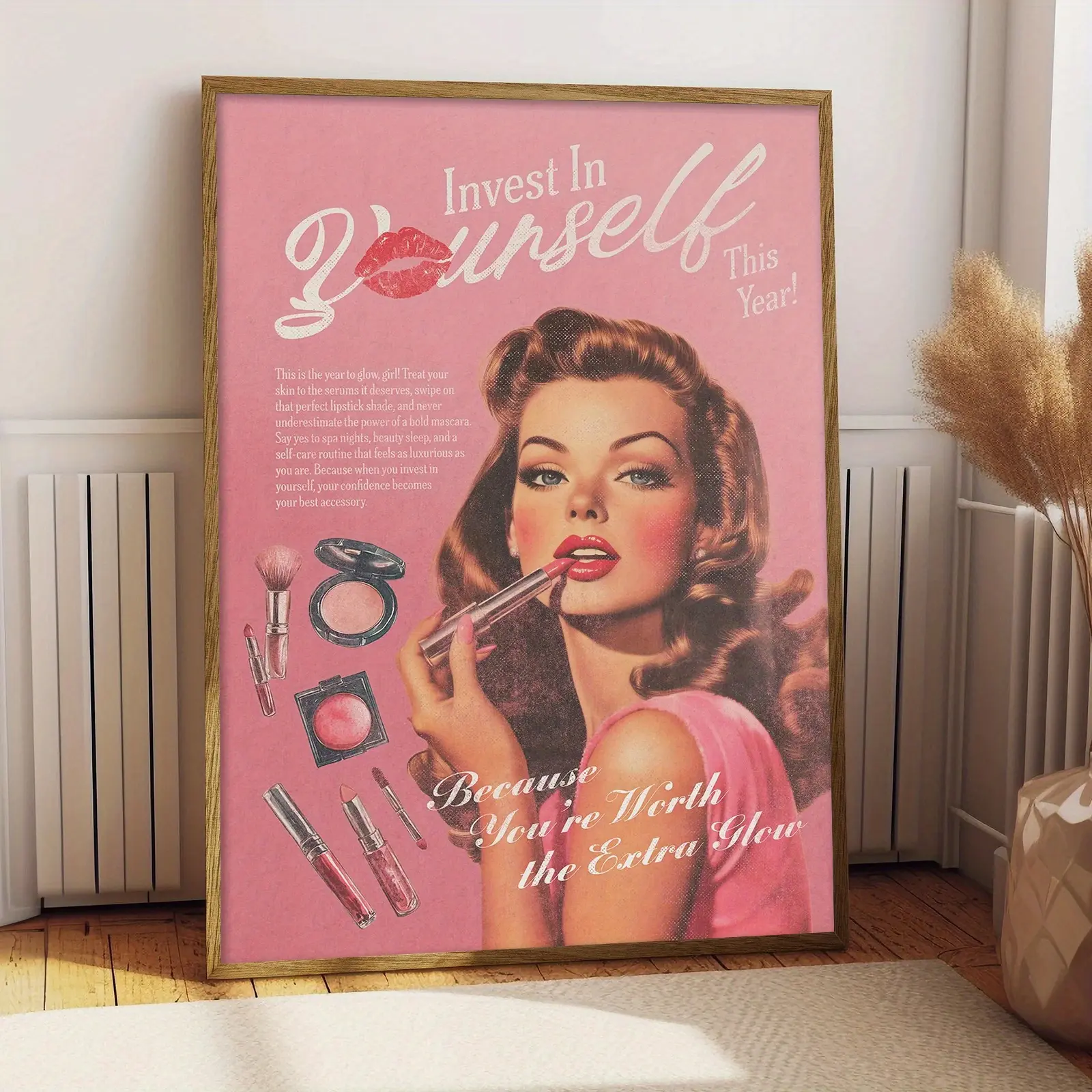 Pink Vintage Beauty Canvas Wall Art, Retro Glam Makeup Poster Print, Feminine Fashion Room Decor, Unframed Canvas Poster