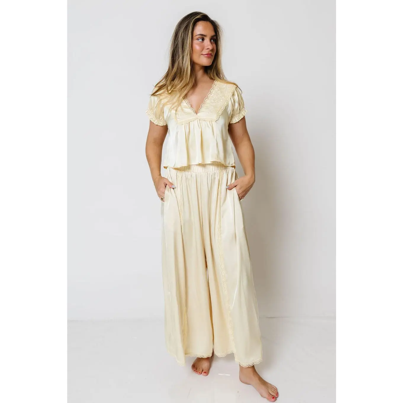 Briar Lace Trim Satin Pants in Light Yellow