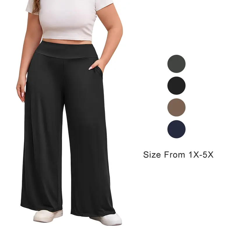 FEREMO Women's Plus Size High Waisted Wide Leg Comfortable Lightweight Stretchy Fit Trouser Loungewear Bottoms - Elastic Soft Fabric, Machine Washable, All Season, With Pockets, 1X-5X