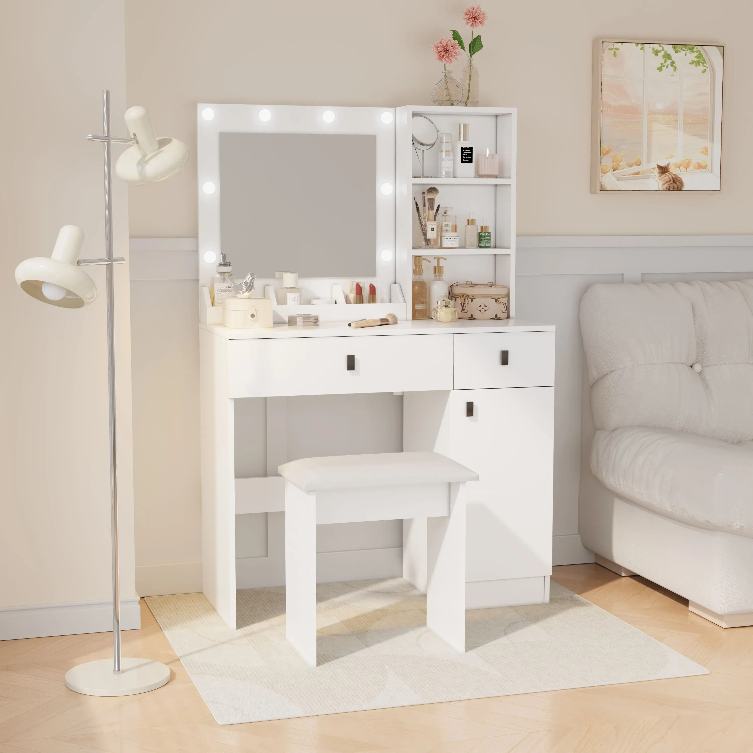 Vanity Desk Set with Mirror and LED Lights, Makeup Vanity Desk with Large Drawers & Three Level Storage Dreeser, Vanitys/Vanities with 3 Lights Brightness Adjustable for Bedroom, White