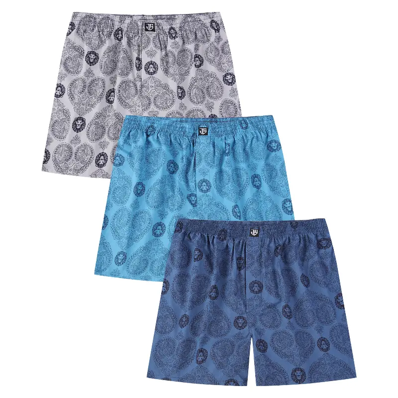 JupiterSecret 3-Pack Men's Cotton Woven Boxer Shorts with Lion Print, Soft Breathable Fabric, Elastic Waistband and Relaxed Fit