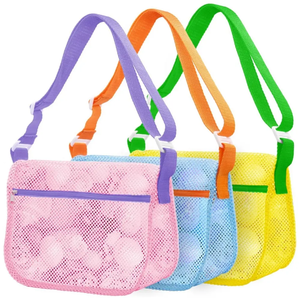 3 pack Mesh Beach Bags with Adjustable Straps Sandproof Mesh Beach Bags Travel Essentials for Cruise & Vacation Sea Shell Bags for Boys and Girls