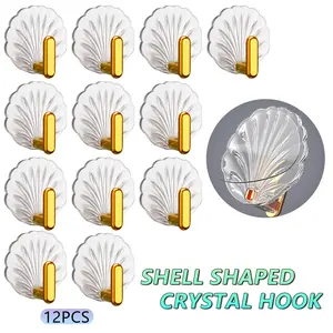 12 Shell Hooks, No-Drill Luxury Wall Hooks, Strong Adhesive Transparent Hooks, Suitable for Kitchen Bathroom Cabinets Tables, Bathroom Organizing Accessories