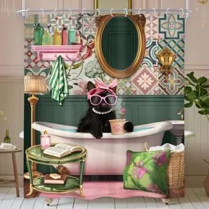 Funny Cat in Bathtub Shower Curtain, Cute Kitten Cartoon Animal Pink Black Vintage Fashion Pet Girl Aesthetic Waterproof Decor