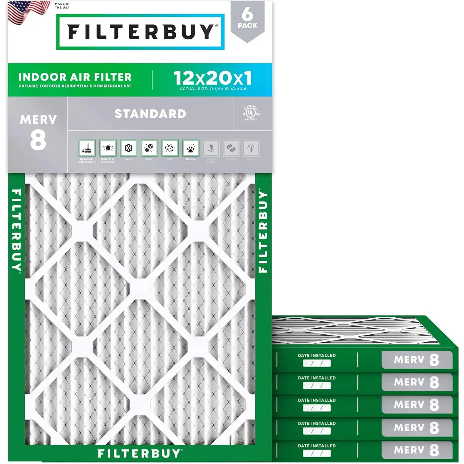 Filterbuy 12x20x1 Air Filter (6-Pack), Pleated MERV 8 Dust Defense HVAC AC Furnace Air Filters (Actual Size: 11.50 x 19.50 x 0.75 Inches)