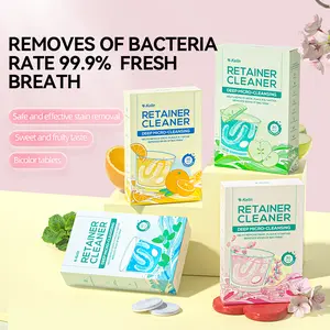 Retainer Cleanser Tablets, Invisalign Cleaner. Removes odors, discoloration, stains and plaque. Denture cleansers suitable for retainers, mouth guards and denture bath. Available in four flavors: Mint, Cherry Blossom, Sweet Orange and Apple.