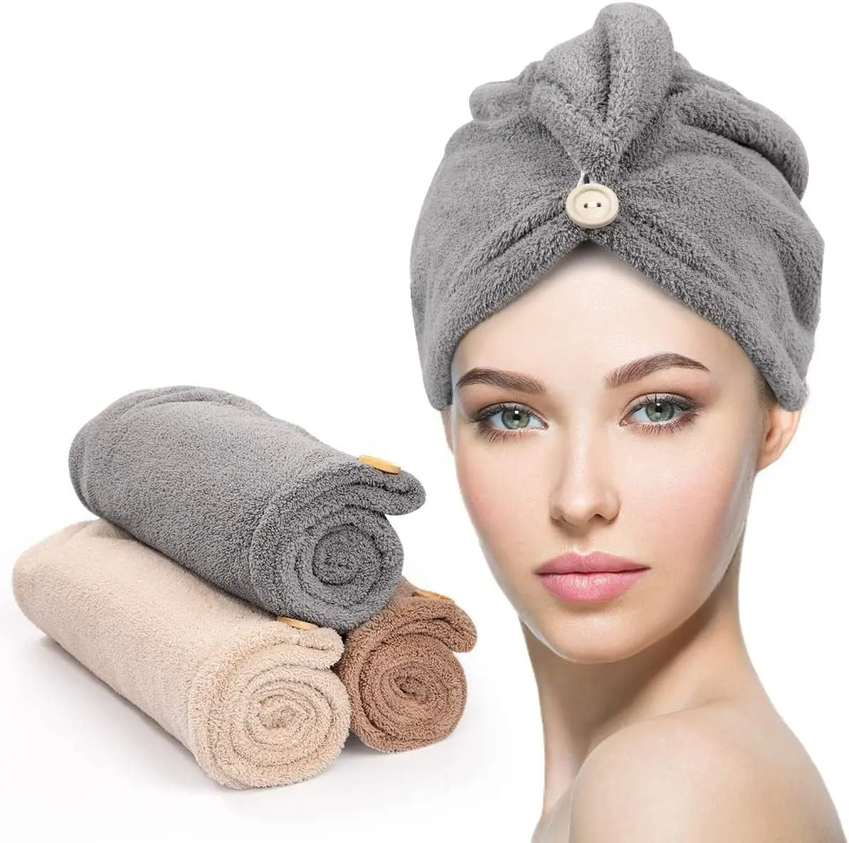 Women's 3-Pack Buttoned Microfiber Hair Drying Wraps - Super Absorbent, Fast-Drying Bathroom Towels for Curly Hair