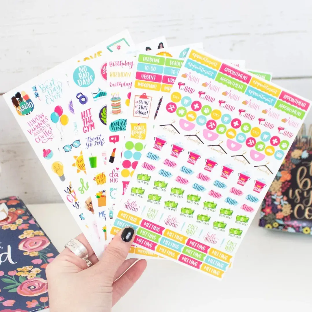 Bloom Productivity Stickers - 6 Sheets 475 Stickers for Organization & Task Management - Hand-Drawn & Hand-Lettered Icons for Digital & Traditional Planners
