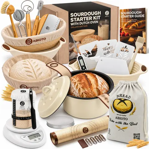 ABIOTO Sourdough Starter Kit with Dutch Oven for Beginners - Complete Bread Baking Set with 4QT Lightweight Dutch Oven, Digital Scale, 9" Round & 10" Oval Rattan Bannetons, 34oz Starter Jar with Thermometer, Bread Lame, & more Sourdough Bread Baking Tools