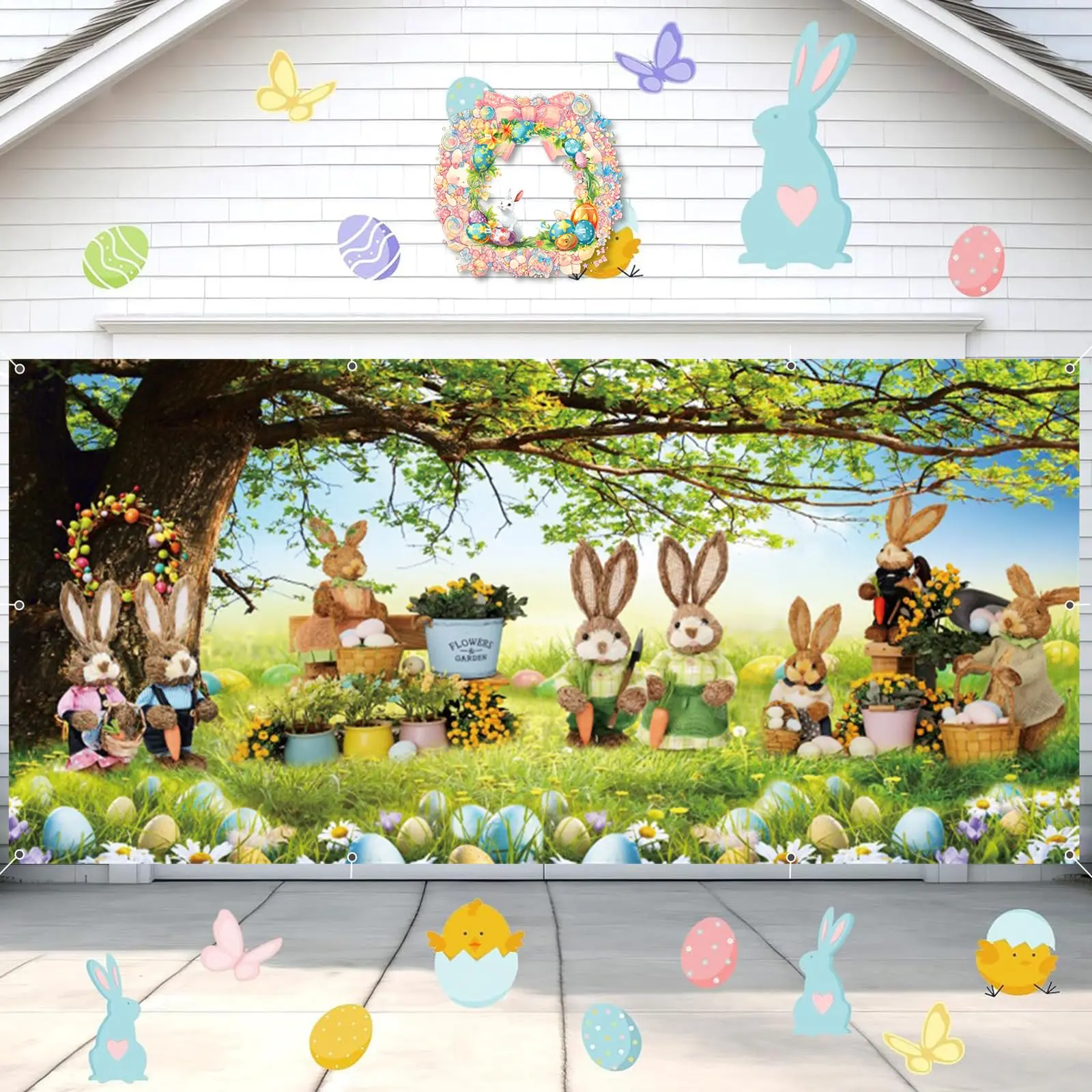 Happy Easter Flat Banner Decor, Spring Themed Garland & Flower Design, Perfect for Home/party/garage Door Display