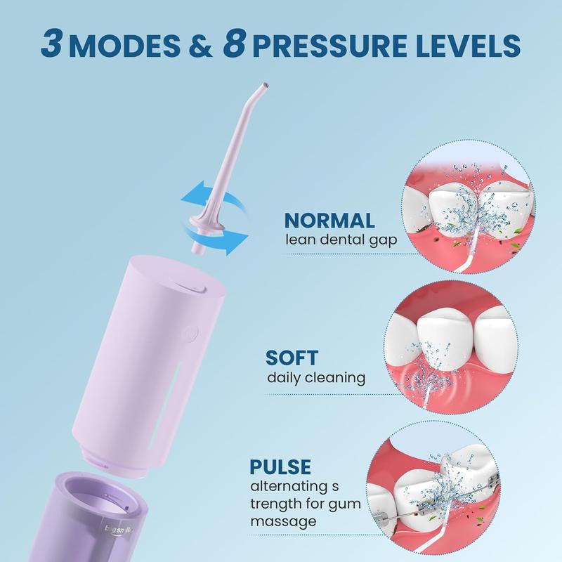 Travel Cordless Water Flosser, IPX7 Waterproof Electric Oral Irrigator with 3 Modes and 4 Replaceable Jet Tips, Rechargeable and Portable for Easy Cleaning (Purple)