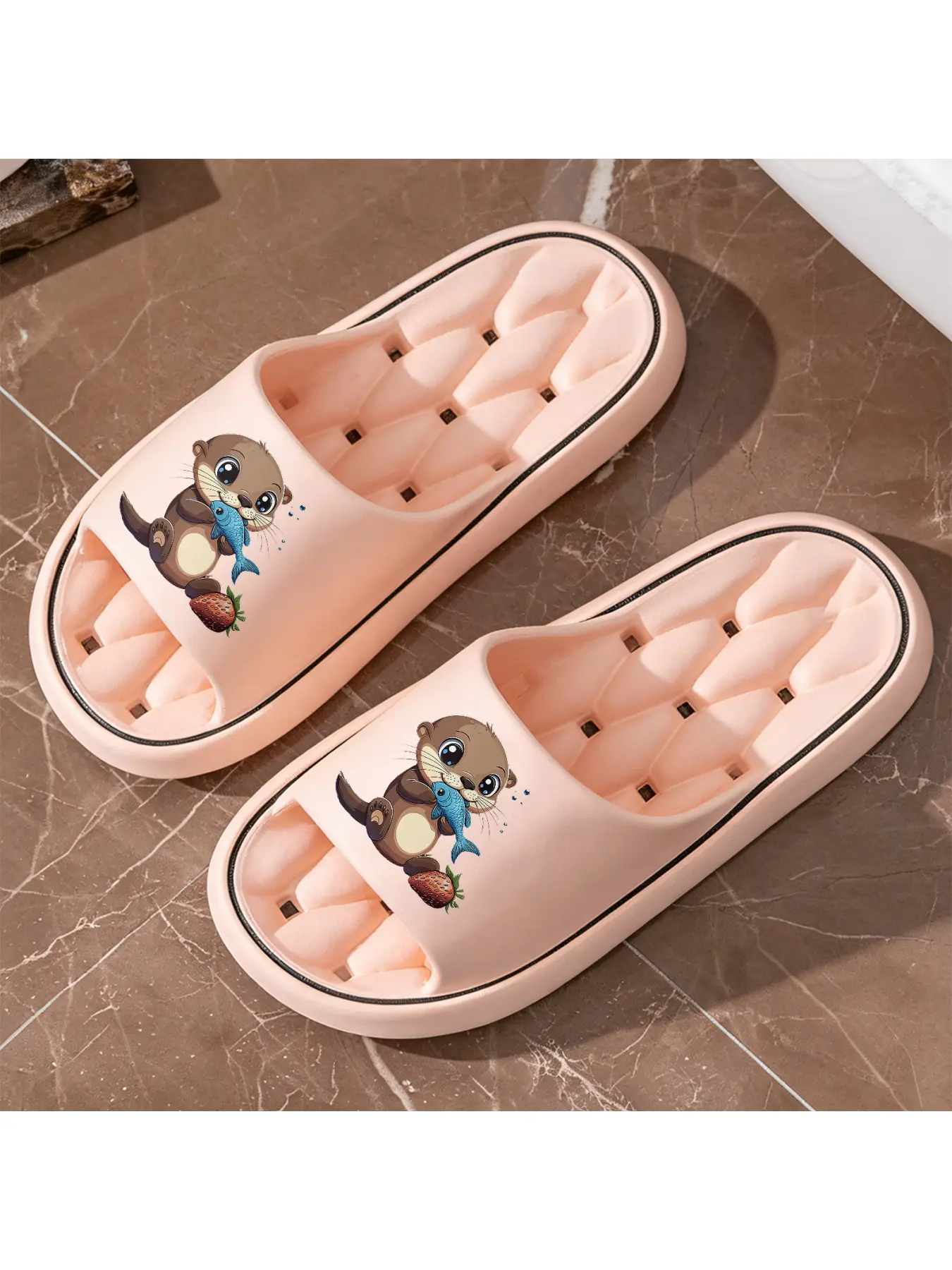Cute Cartoon Otter Holding Fish Print Slippers Soft Sole Comfortable Home Indoor Slippers Non-slip Slippers For Bathroom Shower Casual Versatile Slippers For Outdoor Wear Unisex All-season Cute Animal