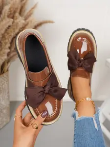 Women's Bowknot Flat Loafers, Spring & Fall Casual PU Leather Shoes, Plain Pattern, Less Than Ankle Height, PVC Sole, Bowknot Design Shoes, Casual Flats, Footwear