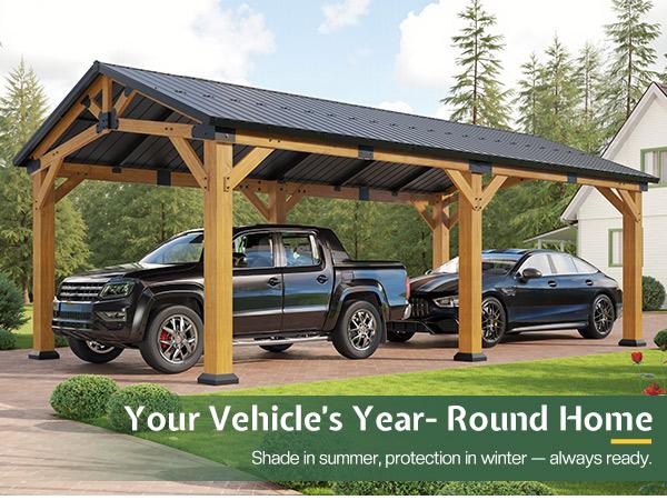 [Spring Sale] AMERLIFE 12'x24' Cedar Wood Hardtop Gazebo with Steel Roof, Waterproof Outdoor Carport Pavilion, Heavy-Duty Snow & Wind Resistant Canopy for Patio, Driveway, Garden