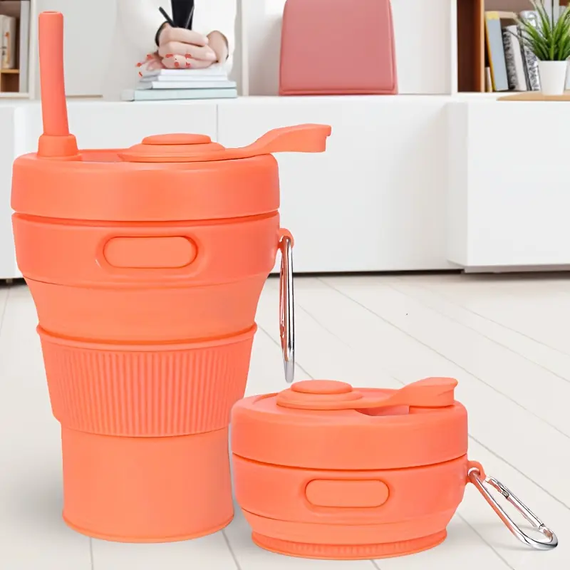 450ml Food-Grade Silicone Collapsible Travel Tumbler Water Bottle - Detachable Straw, Leakproof Lid, Portable Reusable Unisex Coffee Mug, Washable, Microwave & Dishwasher Safe for Camping, Office, Water Bottles