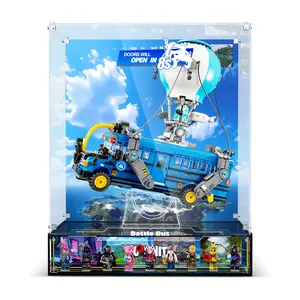 Acrylic Display Case Compatible with  77073 Battle Bus (Only Box, Not Model) Fortnite Inspired Acrylic Showcase with Floating Stand, Magnetic Door, Printed Background & Minifigure Base - Dustproof, UV Protection