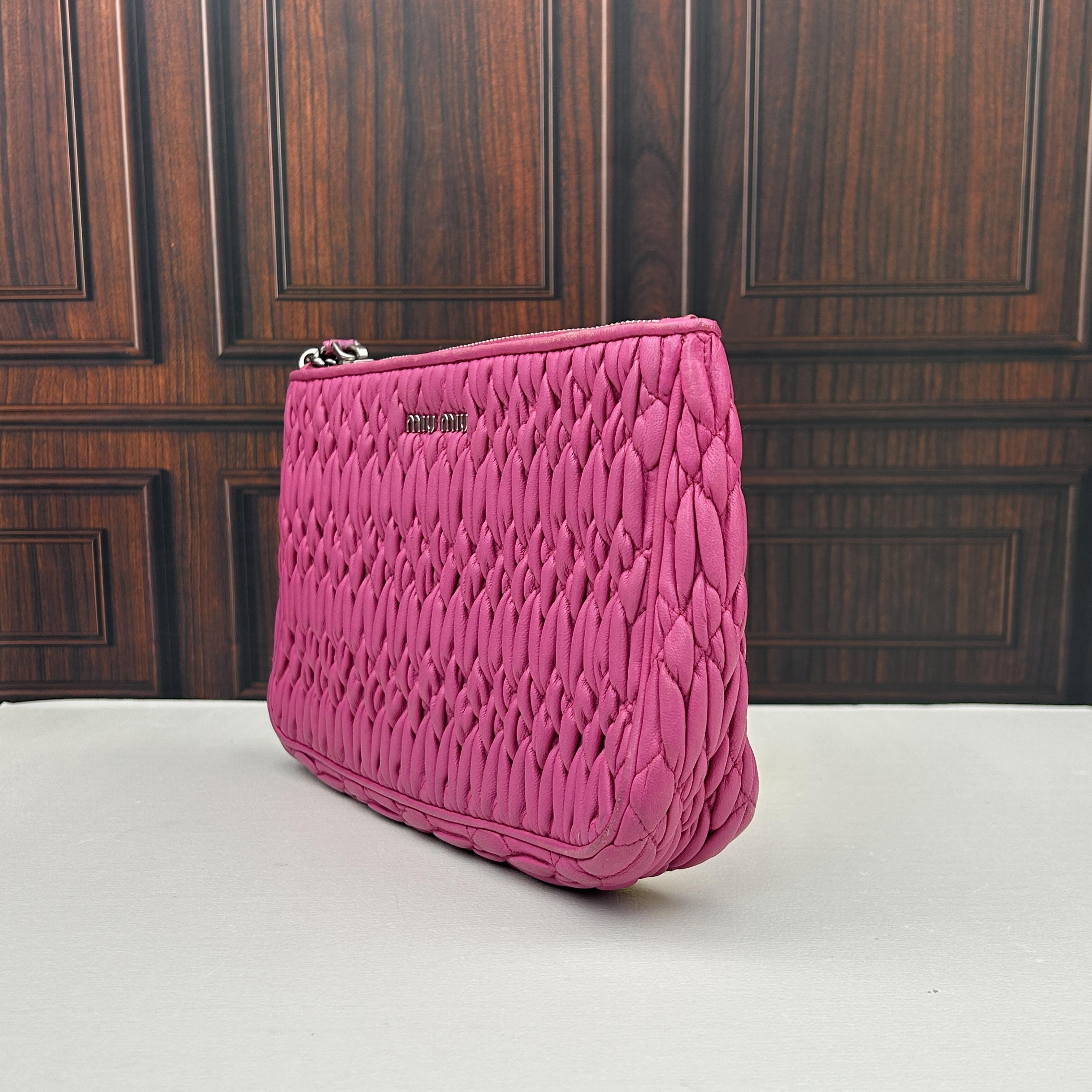 Pre-owned miu miu Matelasse Hot Pink Ruched Nappa Crystal Chain Under‑Arm Shoulder Bag 888