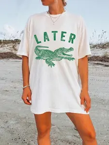 Oversized Cute Alligator Graphic T-Shirt Dress for Women, Y2K Vintage Comfort Casual Tee Dress, Trendy Summer Beach Cover Up, Viral Aesthetic Loose Fit Short Sleeve Tunic Top, Comfortable Vacation Outfit, Fashion Funny Print Tee Dress for Daily Streetwear
