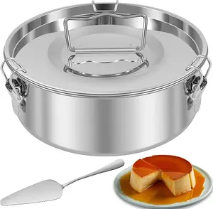 Stainless Steel Flan Pan 1.5QT Capacity Flan Mold with Lid and Spatula, Round Flan Containers for 6-8QT, Flan Cake Baking Pans, Molde Para Flan