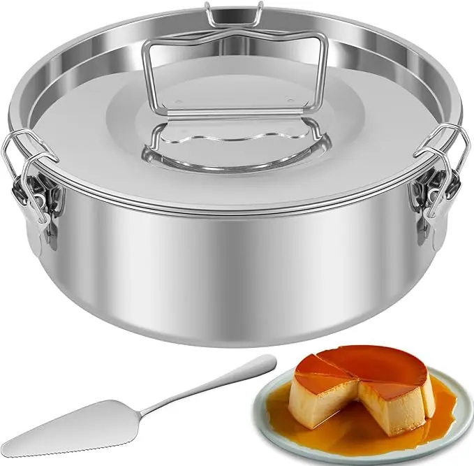 Stainless Steel Flan Pan 1.5QT Capacity Flan Mold with Lid and Spatula, Round Flan Containers for 6-8QT, Flan Cake Baking Pans, Molde Para Flan