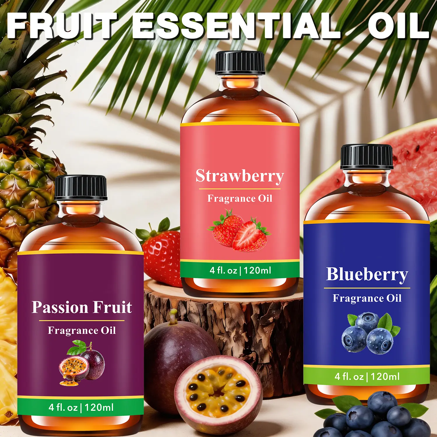 4oz Fruit Essential Oils: Strawberry/ Blueberry/ Passion Fragrance, for Flavored Air, Humidifiers, Diffusers, Candles, Tropical Fruit Fragrance Oil