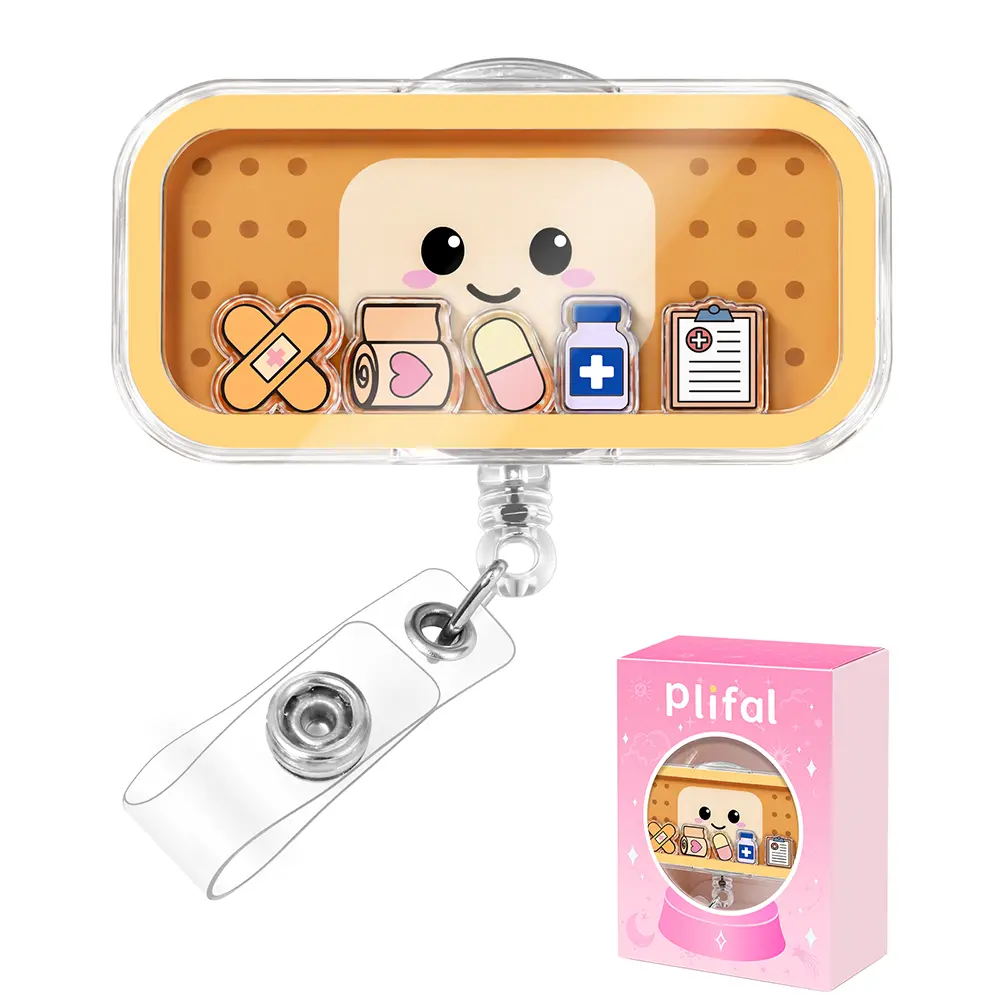 Plifal Nurse Shaker Badge Reel – Cute Bandage Retractable ID Badge Holder with Alligator Clip Floating Glitter Design, Fun Medical Badge Reel for Nurses Healthcare Workers Women Gifts