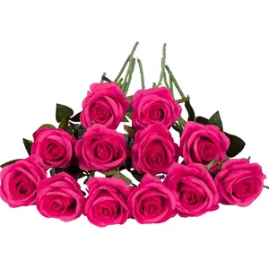 12 count Artificial  Hot  Roses Silk   Long Stem Artificial Fuchsia Roses for  Wedding Bathroom Kitchen Decorations (Hot )