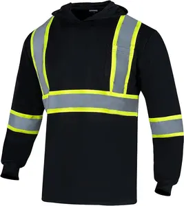 Safety BLACKHigh Visibility Safety Shirts for Men with Hood Reflective Long Sleeve Shirt ASIN Class 3 Hi Vis Construction T Shirt