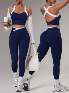 AESS x Dewbera 1 Set Navy Blue And White Seamless Sports Set,Autumn Athleisure Gym,Sleeveless Backless Soft Fitted Workout Clothes For Women,Leggings Two Pieces Set