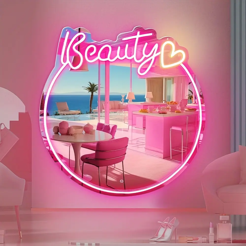 Creative Beauty & Love Heart Design Neon Sign LED Lights Mirror, USB Powered Wall-Mounted Mirror Light, Decorative Light For Girl's Room, Beauty Shop, Checkroom, Dressing Table, Illuminated Mirror, Interior Lighted Mirror, Led Lit Mirror