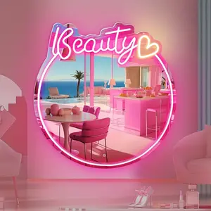 Creative Beauty & Love Heart Design Neon Sign LED Lights Mirror, USB Powered Wall-Mounted Mirror Light, Decorative Light For Girl's Room, Beauty Shop, Checkroom, Dressing Table