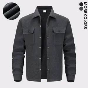 Men's Fleece Lined Warm Shirt Jacket, Classic Business Casual Long Sleeve Collared, Retro Solid Color Multi-Pocket Workwear for Home, Outdoor & Office Commute
