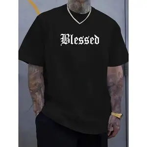 🏆 Men'S Gothic "Blessed" Print T-Shirt - Casual, Breathable Polyester, Round Neck, Summer Streetwear, Regular Fit, Knit Fabric, 1.85 g/ ㎡   , Gothic Tshirt