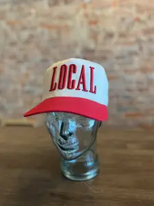 Local Puff Embroidery Hat - White with Red "LOCAL" Text and Red Brim