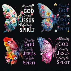 4Pcs Flower Butterfly Christian Print Iron on Transfers DIY Heat Transfer Stickers for Tshirt Canvas Bags Pillows Apparel Accessories